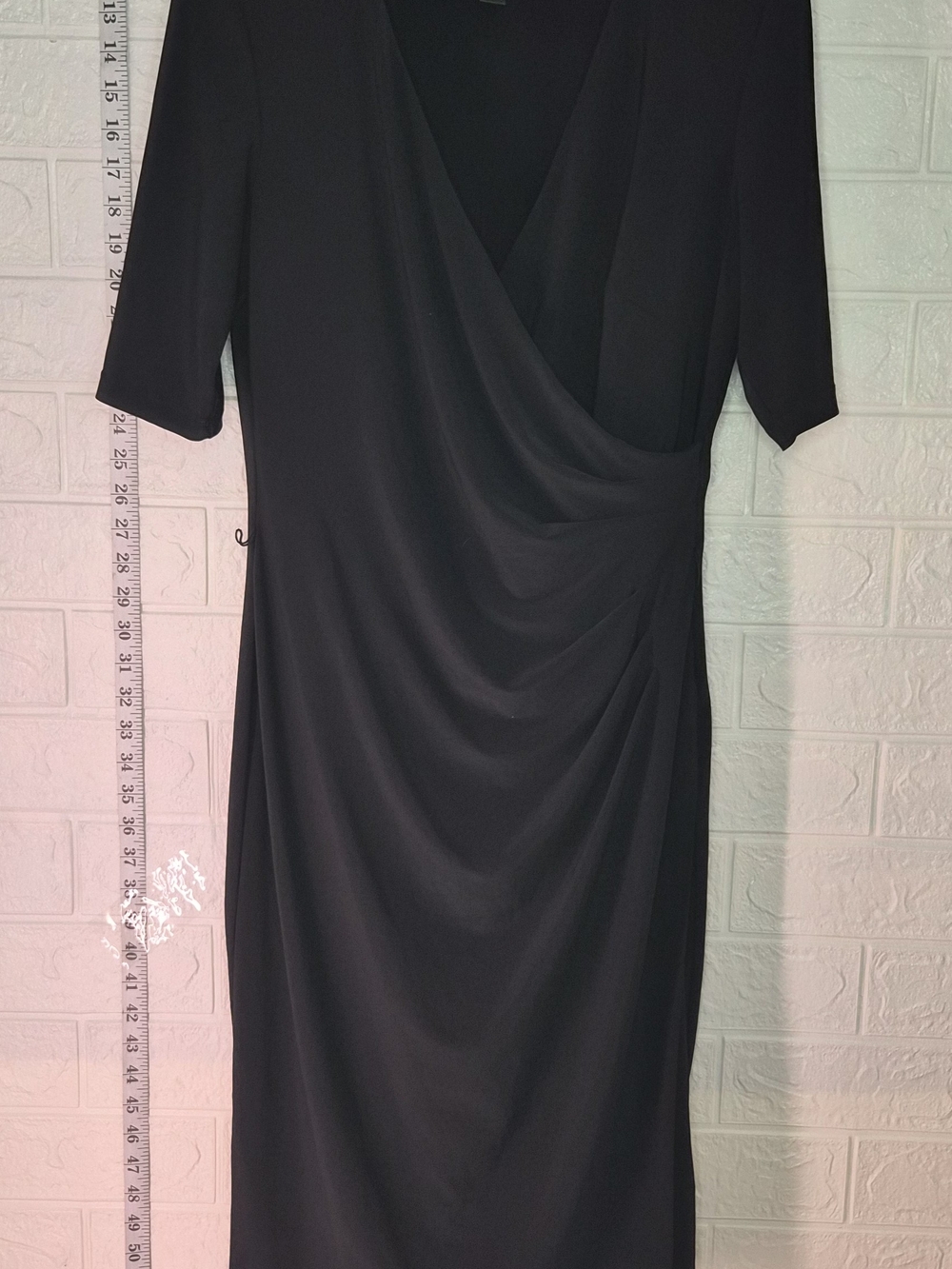 Lauren Ralph Lauren Dress Womens 8 Black Quarter Sleeve Faux Wrap V Neck Stretch